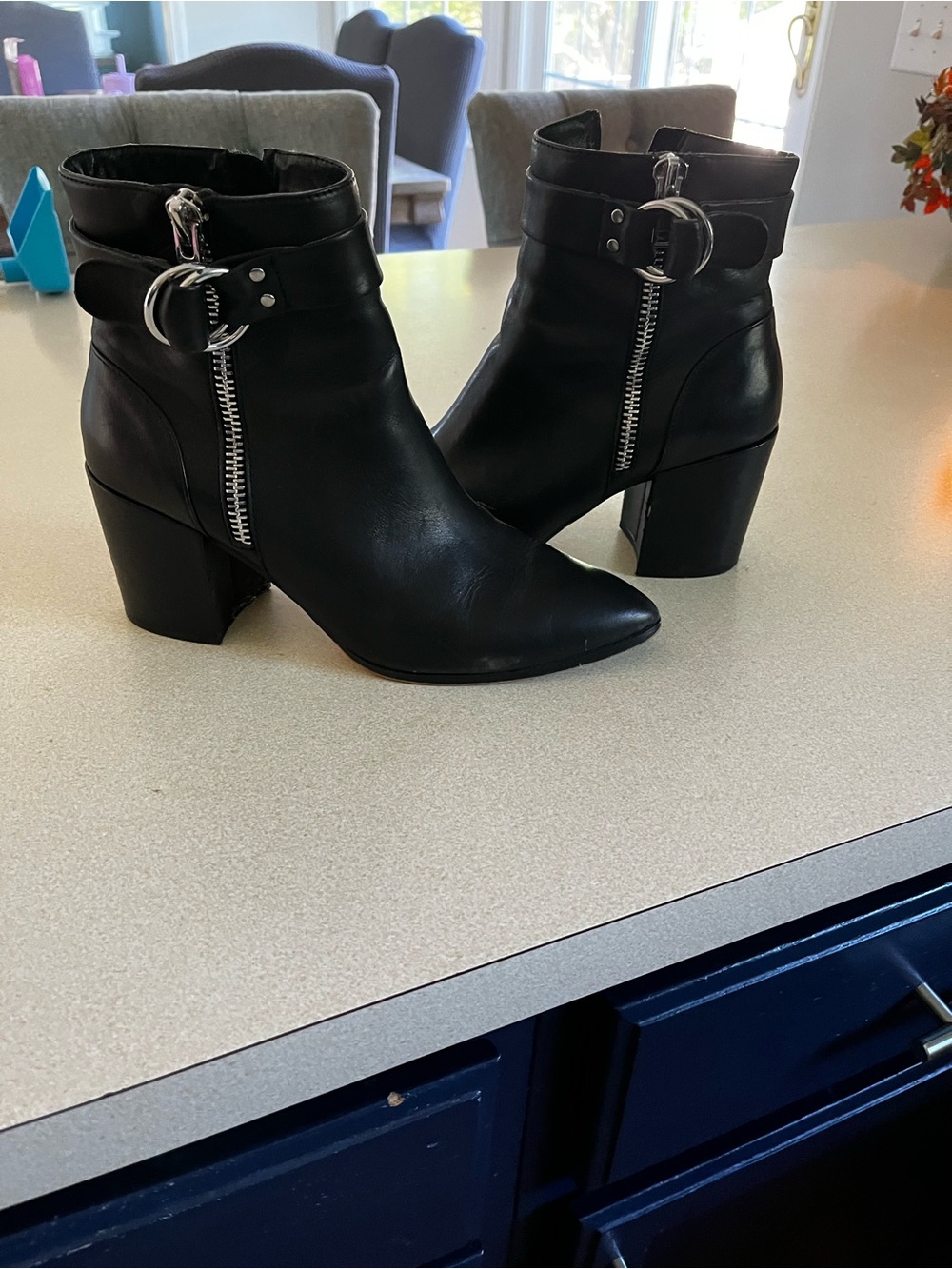 Steve Madden Black Leather Ankle Boots with Silver Buckle Accents